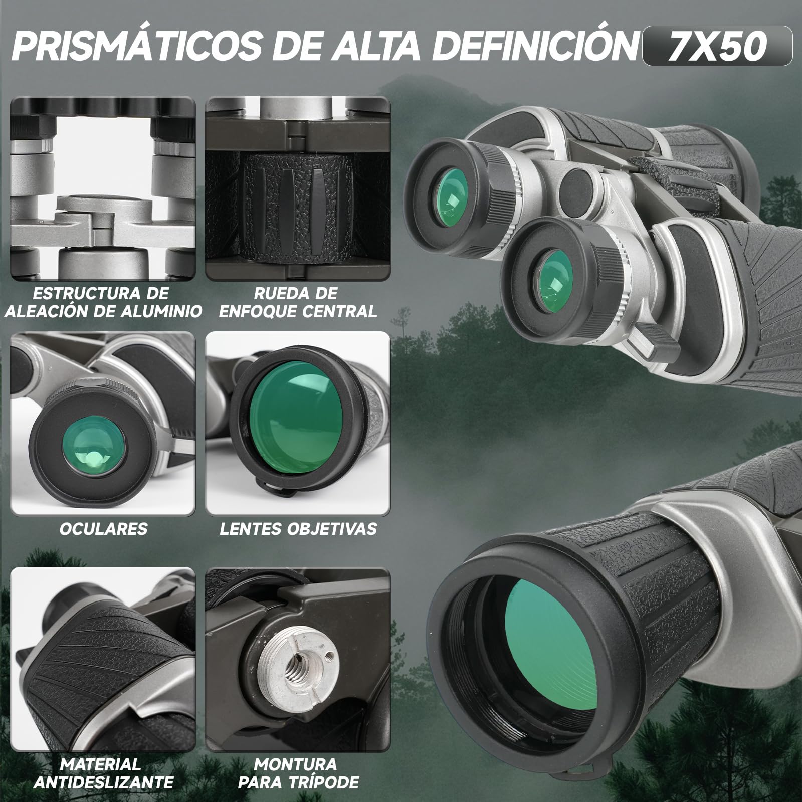 Binoculares 7x50 Profesionales - Visión Nocturna y Poca Luz, Prismas PORRO BK-7, Lentes Multicapa - para Observación de Aves, Astronomía, Senderismo y Deportes