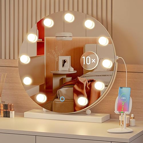 LVSOMT Hollywood Espejo de tocador de maquillaje con luces, espejo LED de 20 pulgadas con aumento de 10X, espejo de escritorio iluminado con 3 modos