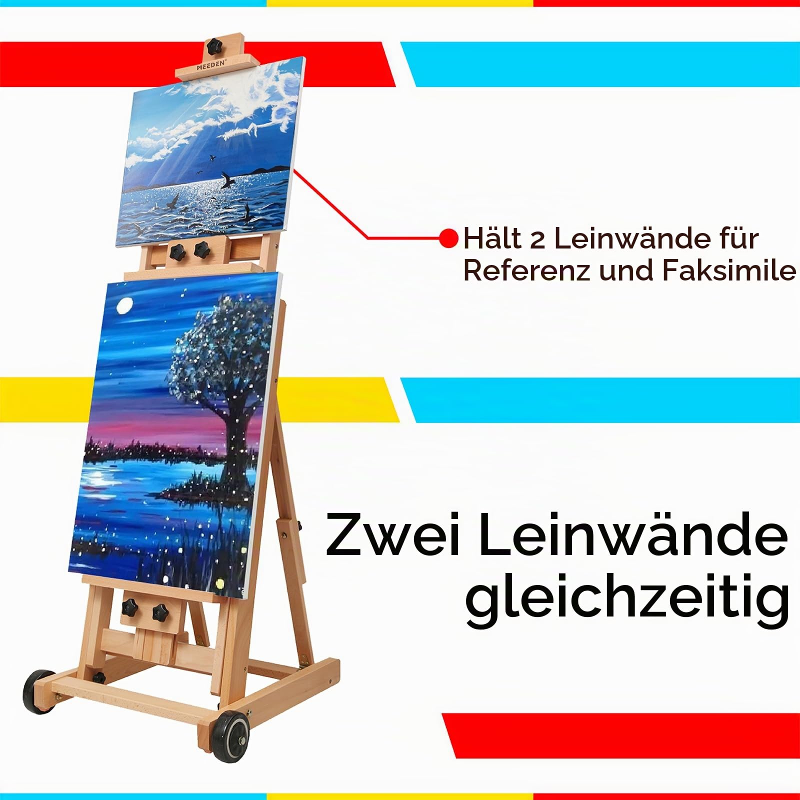 MEEDEN Vielseitige Studio Staffelei mit H-Rahmen - Alle Medien verstellbare Staffelei aus Buchenholz,Malstaffelei Ständer,Beweglich und Neigbar,Flach Erhältlich,Hält Leinwandkunst bis 196 cm (77 Zoll)