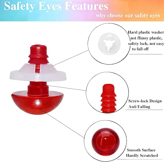 BESTCYC 1Box(120pcs)10mm/15mm/20mm Red Plastic Safety Eyes Crystal Craft Crochet Doll Eyes with Washers for DIY Making or Repair of Amigurumi Stuffed Animal,Doll,Crochet, Supplies