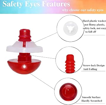 BESTCYC 1Box(120pcs)10mm/15mm/20mm Red Plastic Safety Eyes Crystal Craft Crochet Doll Eyes with Washers for DIY Making or Repair of Amigurumi Stuffed Animal,Doll,Crochet, Supplies