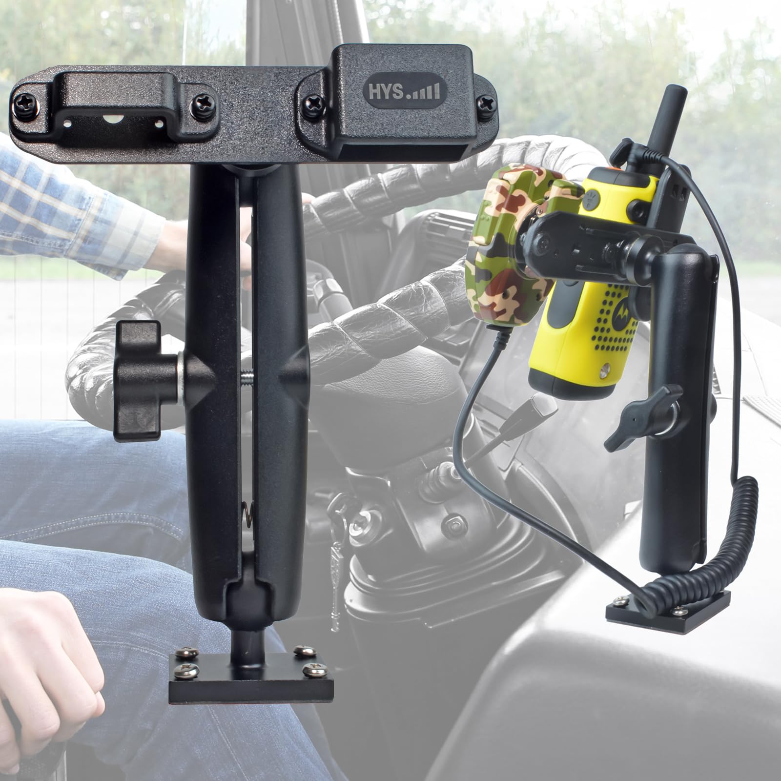 HYS Supporto adesivo per walkie talkie per camion e auto, con clip per cintura per microfono, presa sicura, resistente supporto per tablet, robusto supporto radio a 2 vie per veicoli commerciali,