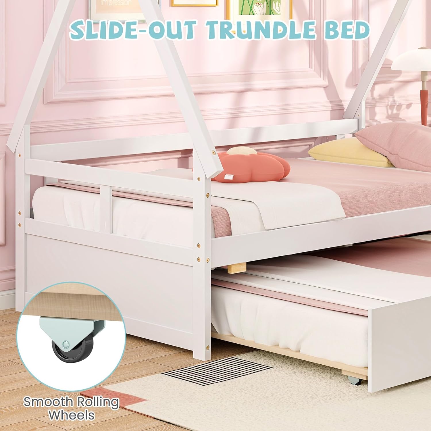 Giantex Twin House Bed with Trundle, Wood Montessori Tent Bed Frame with Safety Guardrail, Low Teepee Beds with Wood Slat Support for Boys Girls Teens, No Box Spring Needed, White