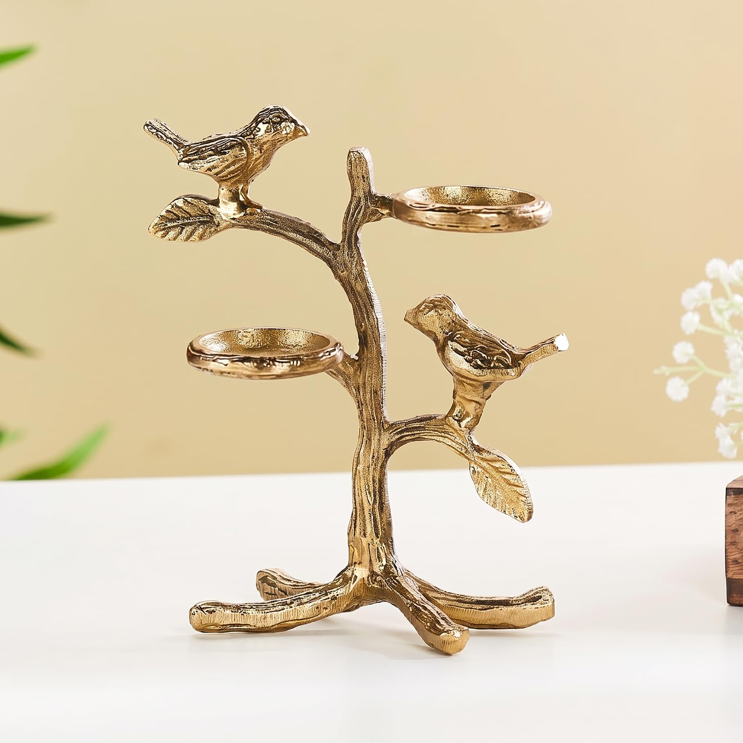 Amazon Brand - Solimo Metal Birds Tree Tea Light Candle Holder | Gold Finish | Decorative Centerpiece for Home, Living Room & Puja | Good Luck Gift with Glass for Votive Candle (Candles Not Included)-image-27