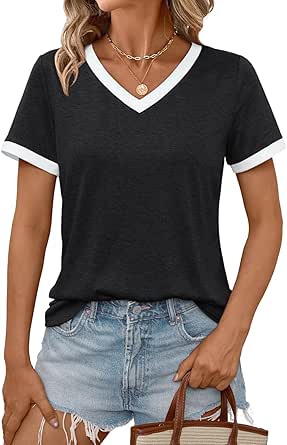 AUTOMET Women's Summer V-Neck Blouse - Lace Detail Short Sleeve Top | Polyester Rayon Spandex Blend