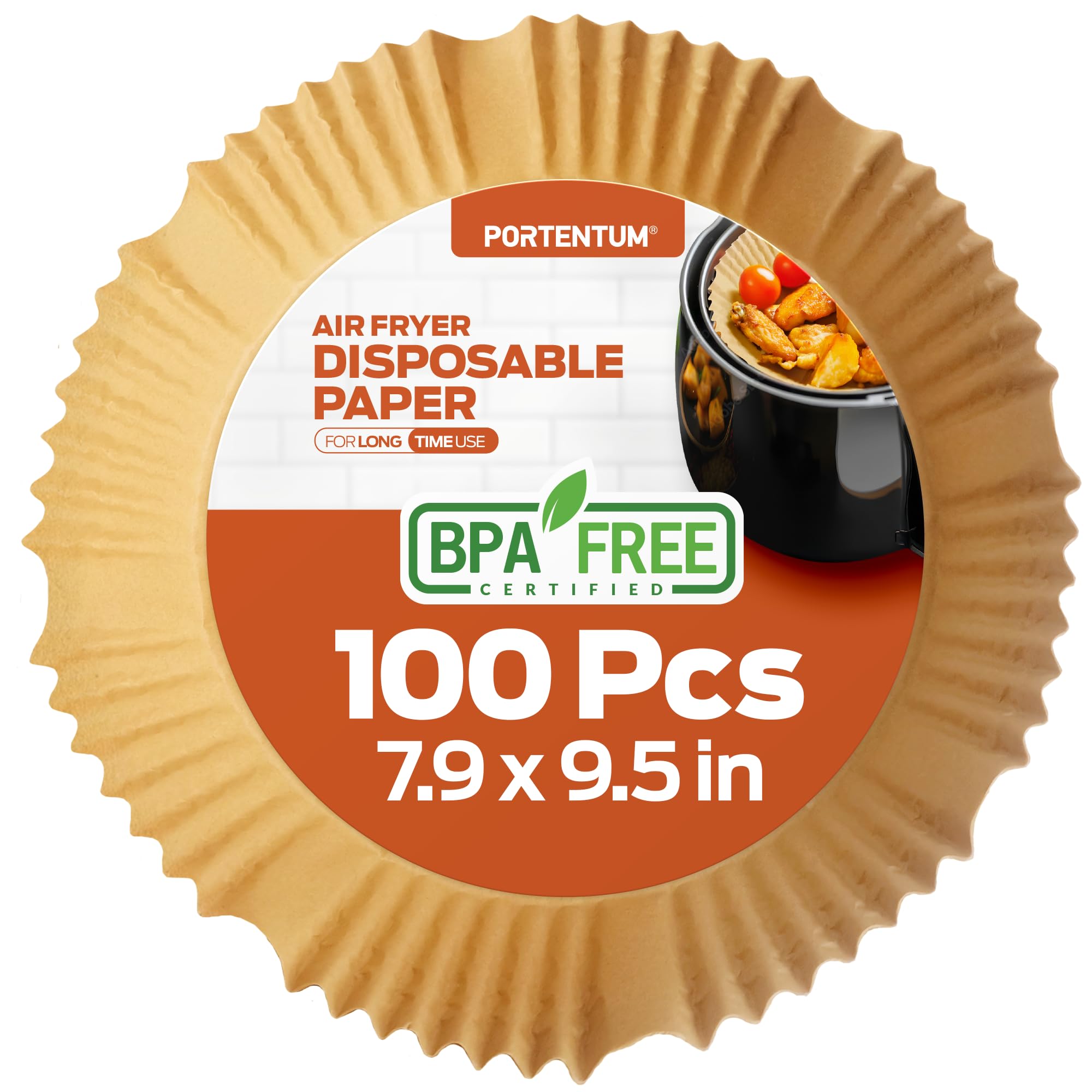 PORTENTUM Air Fryer Liners 100PCS Disposable, Unbleached and Greaseproof. Suitable from 5 to 8 liters. Food-Grade use Baking Paper BPA Free, FDA, and LFGB Certified