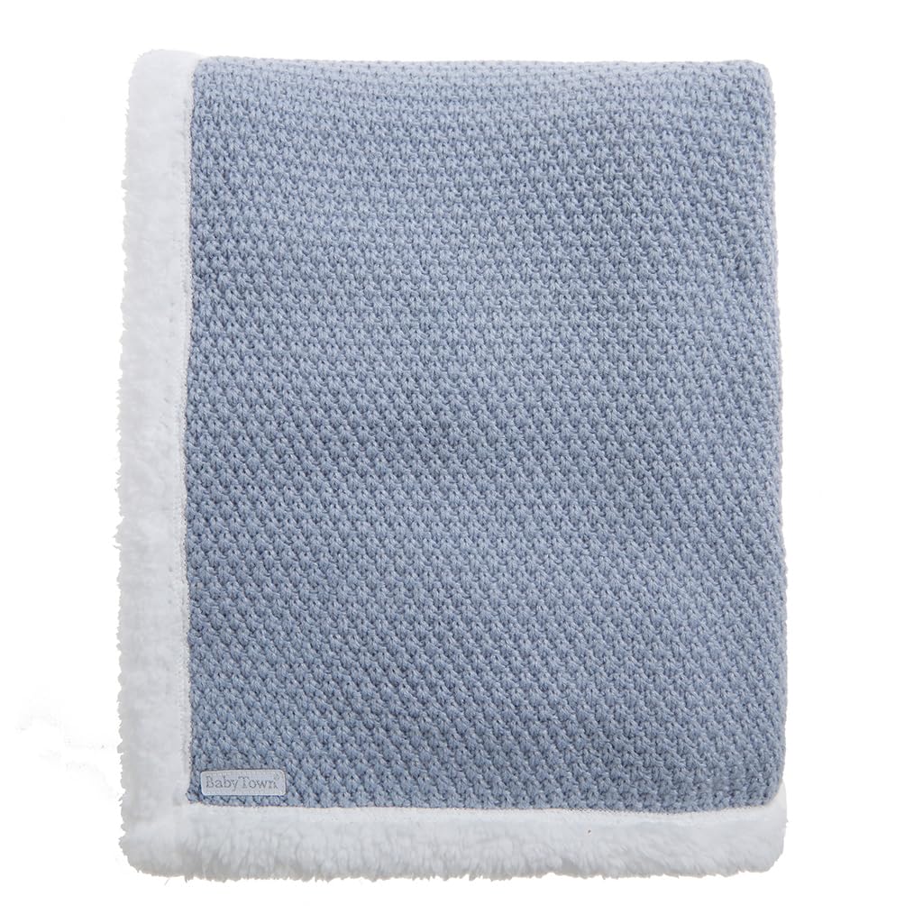 WS-SS24 Baby Boys Dusky Blue Knitted Blanket with White Sherpa Fleece Backing Size 75x90cm