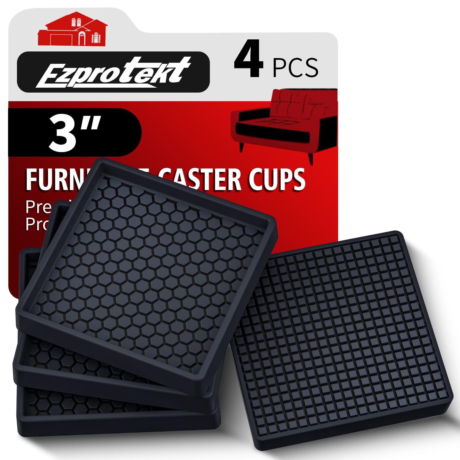 Ezprotekt Non Slip Furniture Pads, 4 Pcs 3" Anti Skid Rubber Furniture Caster Cups, Anti-Slip Furniture Coasters for Hardwood Floors, Anti Slide Floor Protectors for Bed Couch Stoppers (Black)