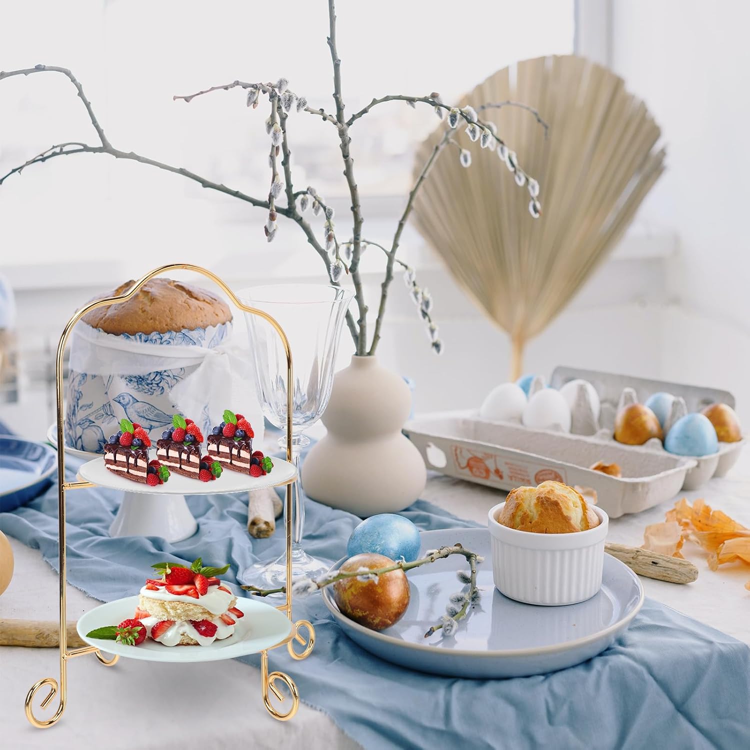 Ipetboom 2 Tiered Serving Stand Display Plate Rack Cake Serving Holder Cookies Dessert Tower Fruit Snack Tray Appetizer Platter for Party Thanksgiving Food Server Retro Wedding Decor, 12.4X9X9in