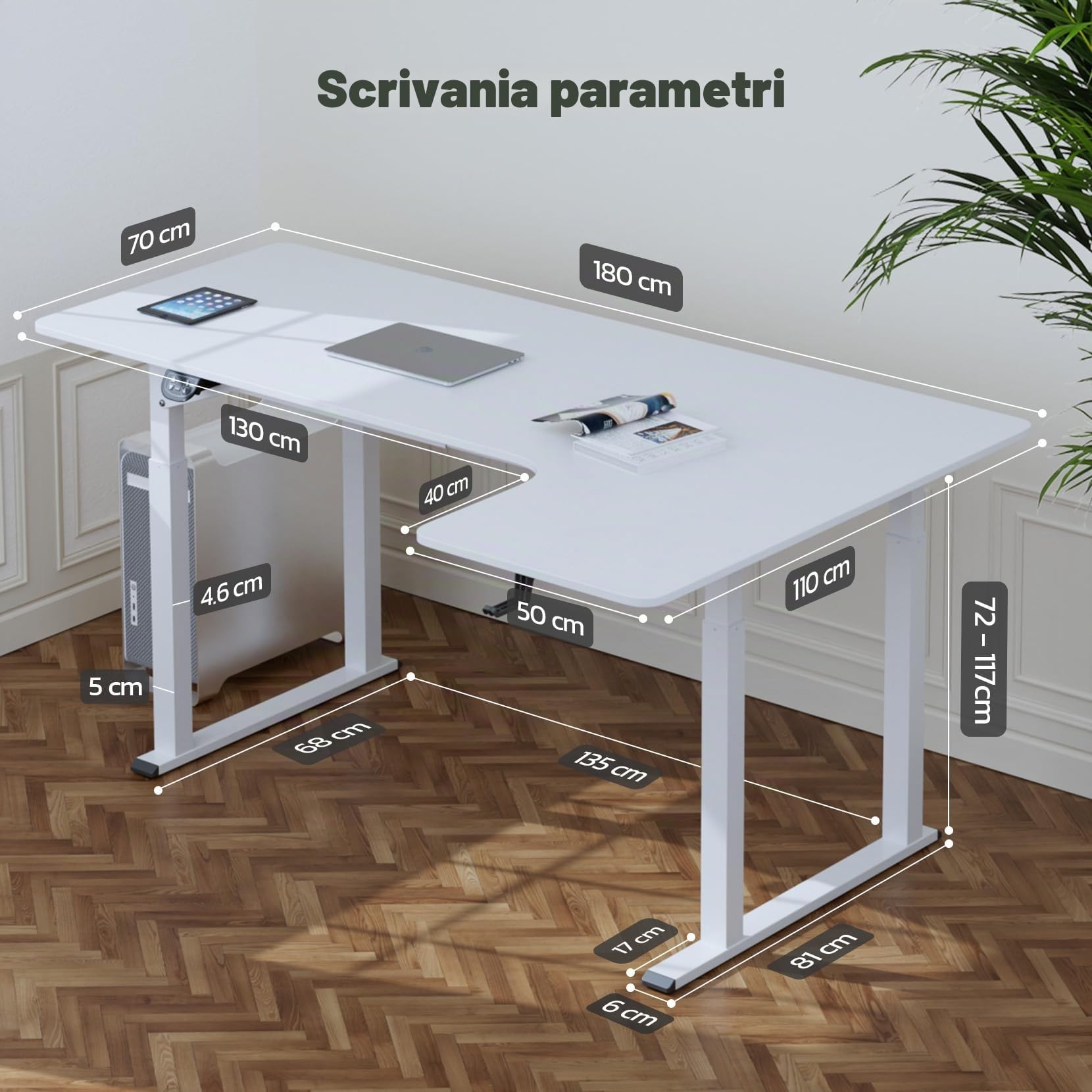 Dripex Scrivania regolabile in altezza 180x110cm, Scrivania ad angolo con doppio motore, Standing Desk con 4 gambe per una super stabilità, bianca