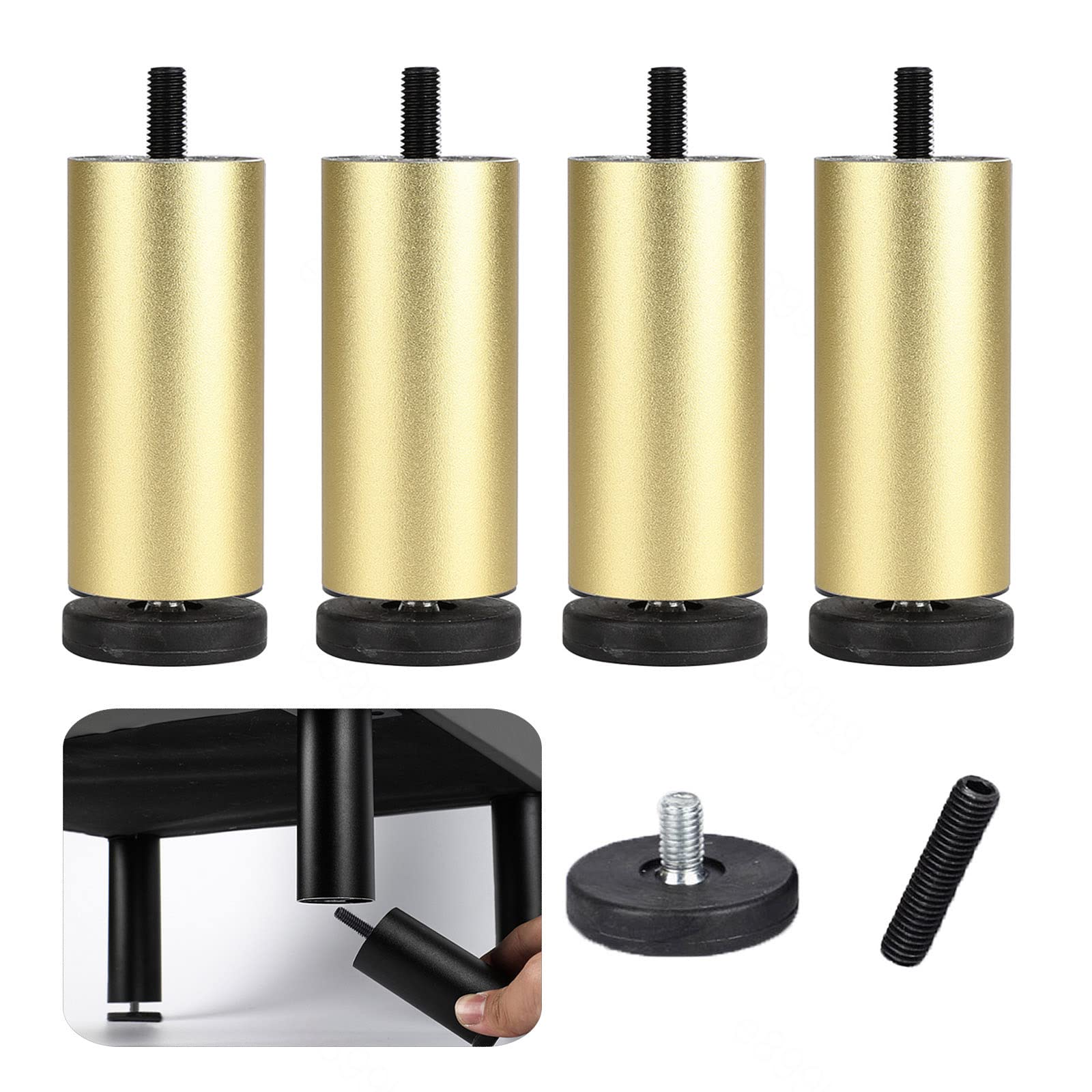 Kgudys Gold Metal Sofa Legs, Aluminum Alloy Furniture Legs, 4-Pcs Cylindrical Support Legs, 6/10/15/20/25/30Cm Thickened Replacement Furniture Legs Armchair Cabinet Feet, M8 Bolts,-6Cm/2.4In