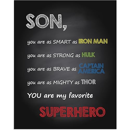 Inspirational Son Wall Art Print – 8x10 Unframed Chalkboard Style Quote Poster – Uplifting Gift from Parents to Boys – Motivational Décor for Bedroom, Nursery, or Playroom – You Are My Favorite Hero
