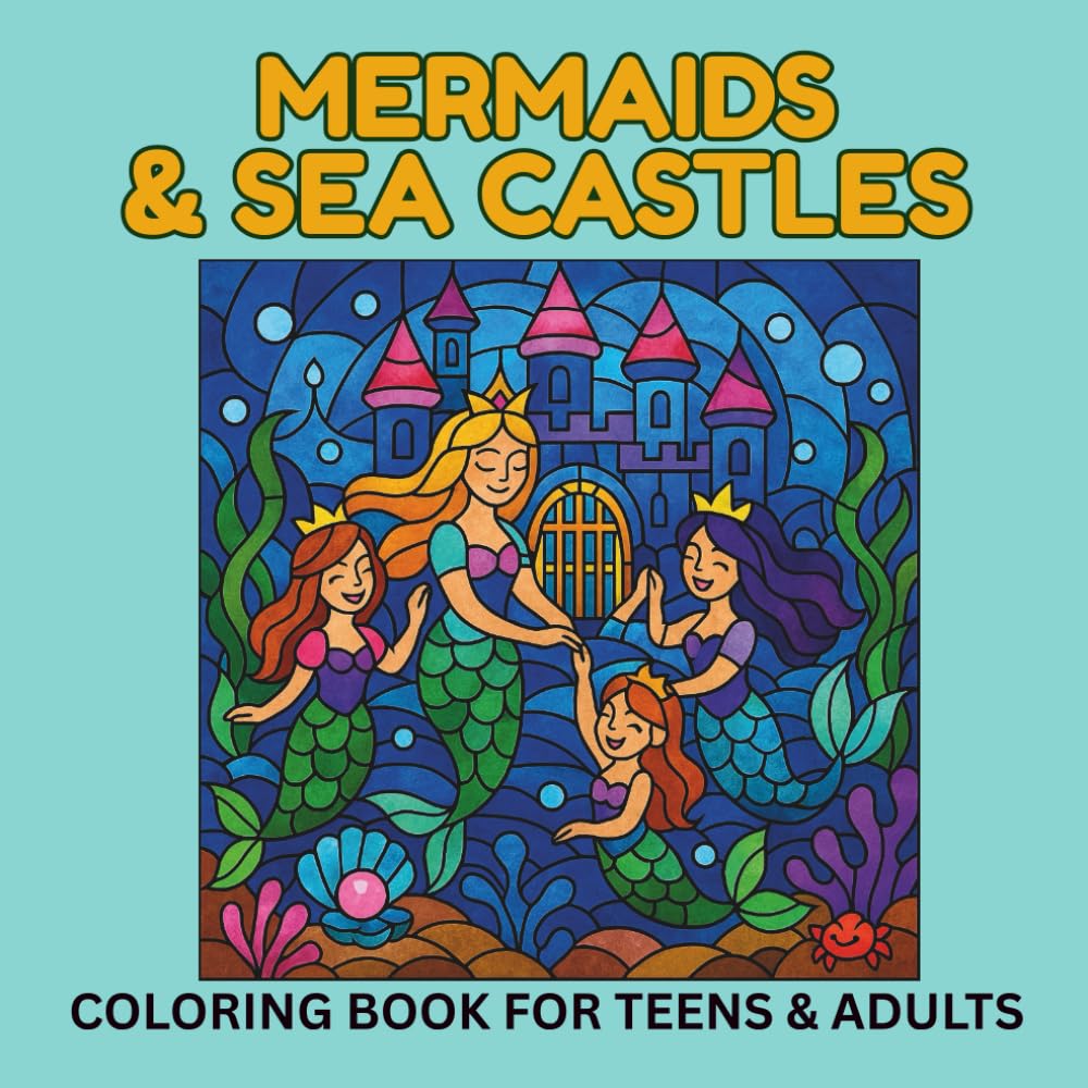 Mermaid & Sea Castle Stained Glass Coloring Book for Adults and Teens: 52 Beautiful Underwater Fantasy Designs, Relaxing Ocean-Themed Coloring Pages with Mermaids, Castles & Marine Life