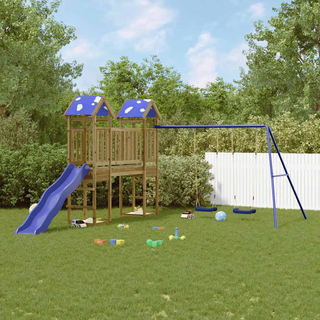 Torre de juego de madera de pino impregnada con tobogán, columpio, arenero y estructura de escalada para jardín y exterior, adecuada para niños de 3 a 8 años