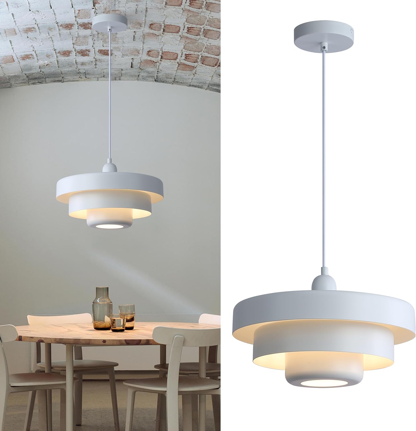 SUNLLOK Mid Century 13.8 inch Pendant Light Chandelier, 1-Light Ceiling Lamp with 3-Layer Metal Shade, Vintage Hanging Lamp for Kitchen Island, Restaurant, Dining Room, Height Adjustable (White)