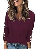 Womens V Neck Sweaters Long Sleeve Lightweight Knit Pullover Tops with Decorative Buttons