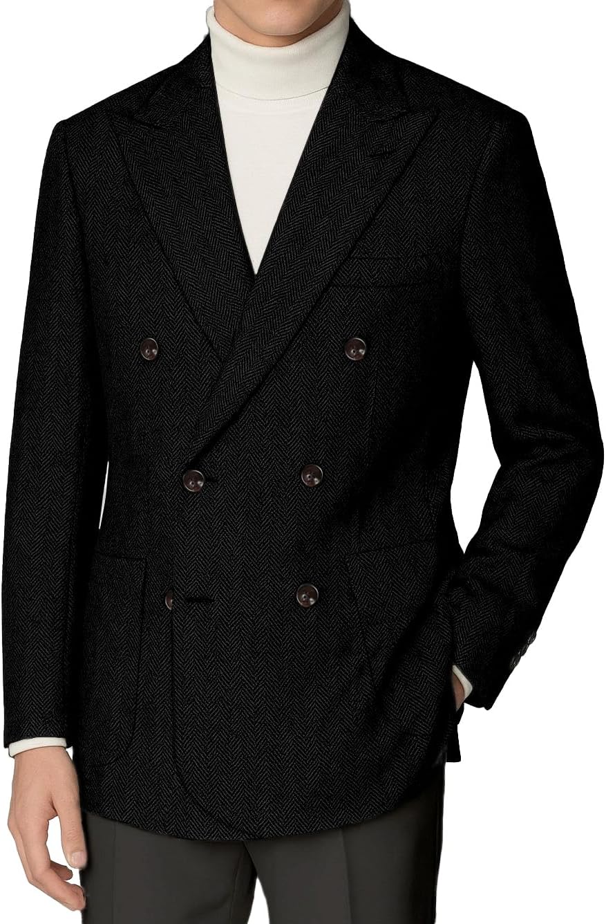 Mens Tweed Blazer Suit Herringbone Sport Coat Slim Fit Retro Double Breasted Wool Blend Formal Jacket Business Prom Casual