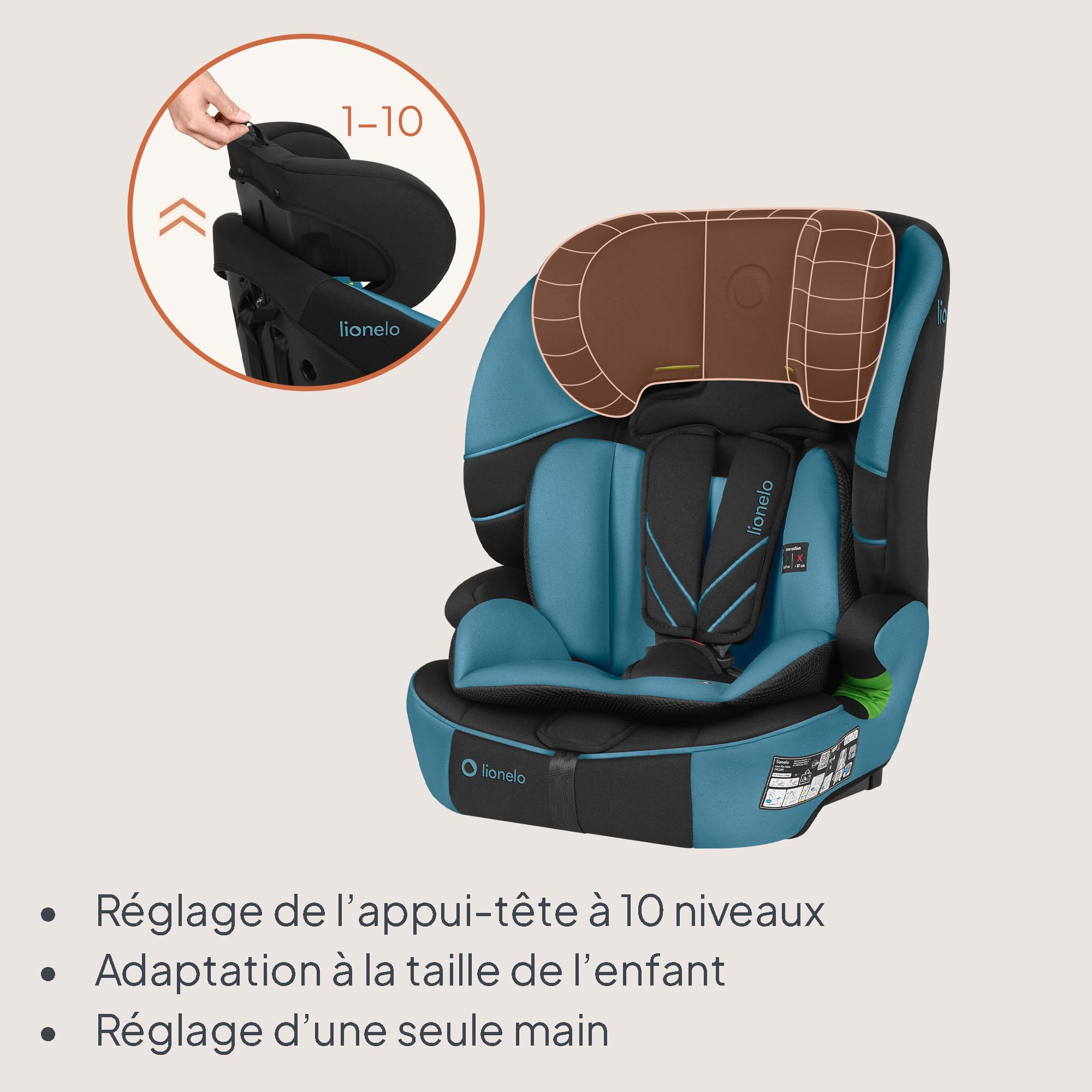 Lionelo LEVI FIX i-Size Siège Auto, pour Enfants 76-150 cm jusqu'à 18 kg | Groupe 1 2 3, Appuie-Tête Réglable en 10 Positions, Fixation ISOFIX et Sangle Top Tether