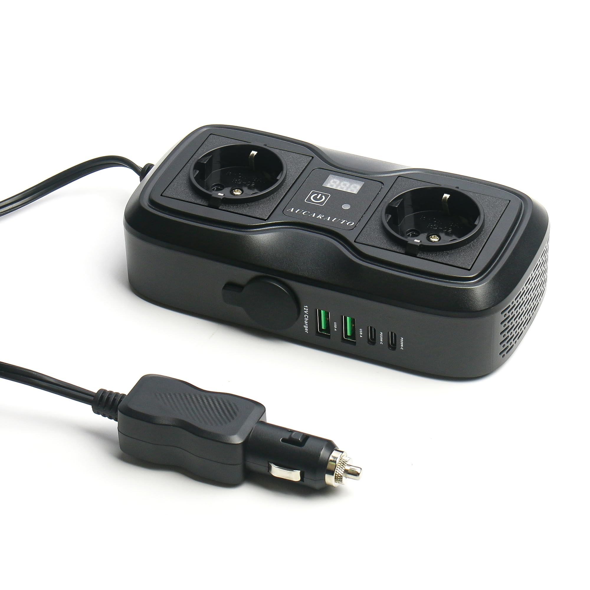7in1 Wechselrichter 12V auf 230V, 200W Auto Spannungswandler Stromwandler mit 2 Steckdosen und 4 USB-C USB-A Ports Schnelles Aufladen KFZ Ladegerät mit Zigarettenanzünderstecker für Laptop