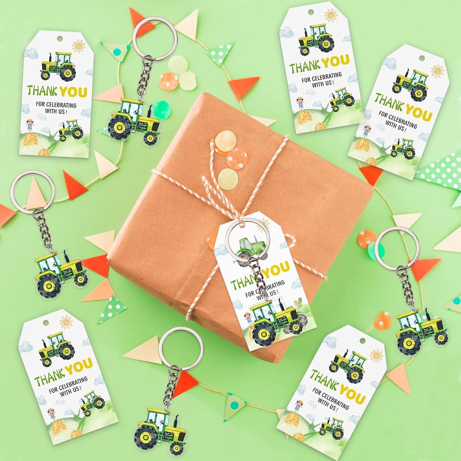 Serencatcher 72Pcs Tractor Party Favors, Tractor Birthday Decorations Tractor Keychain Thank You for Celebrating with Us Gift Tags Green Organza Bags for Farm Theme Birthday Baby Shower Party