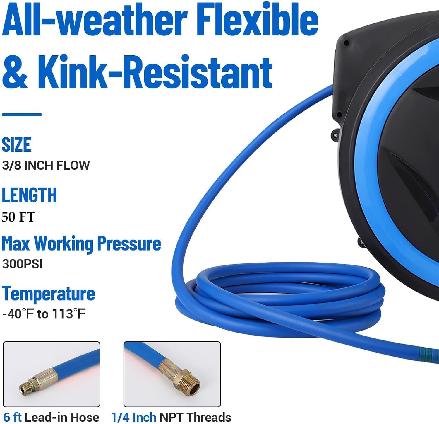 Enclosed Retractable Air Hose Reel, 3/8 in x 50FT Hybrid Air Hose with 5 Ft Inlet Hose, 300 PSI Capacity, 180° Swivel Bracket & Quick Coupler for Air Compressors