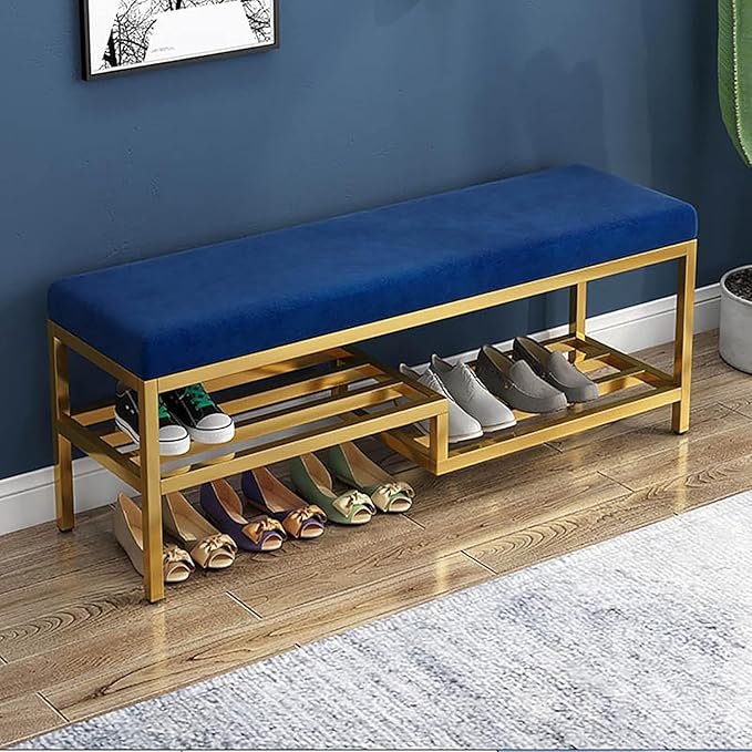 FLIPSSHOPPEE upholstered Shoe Rack Bench for Front Door Entrance, Shoe Storage Organizer with Soft Velvet Cushion Seat Entryway Bench Hallway Living Room (Golden Blue)