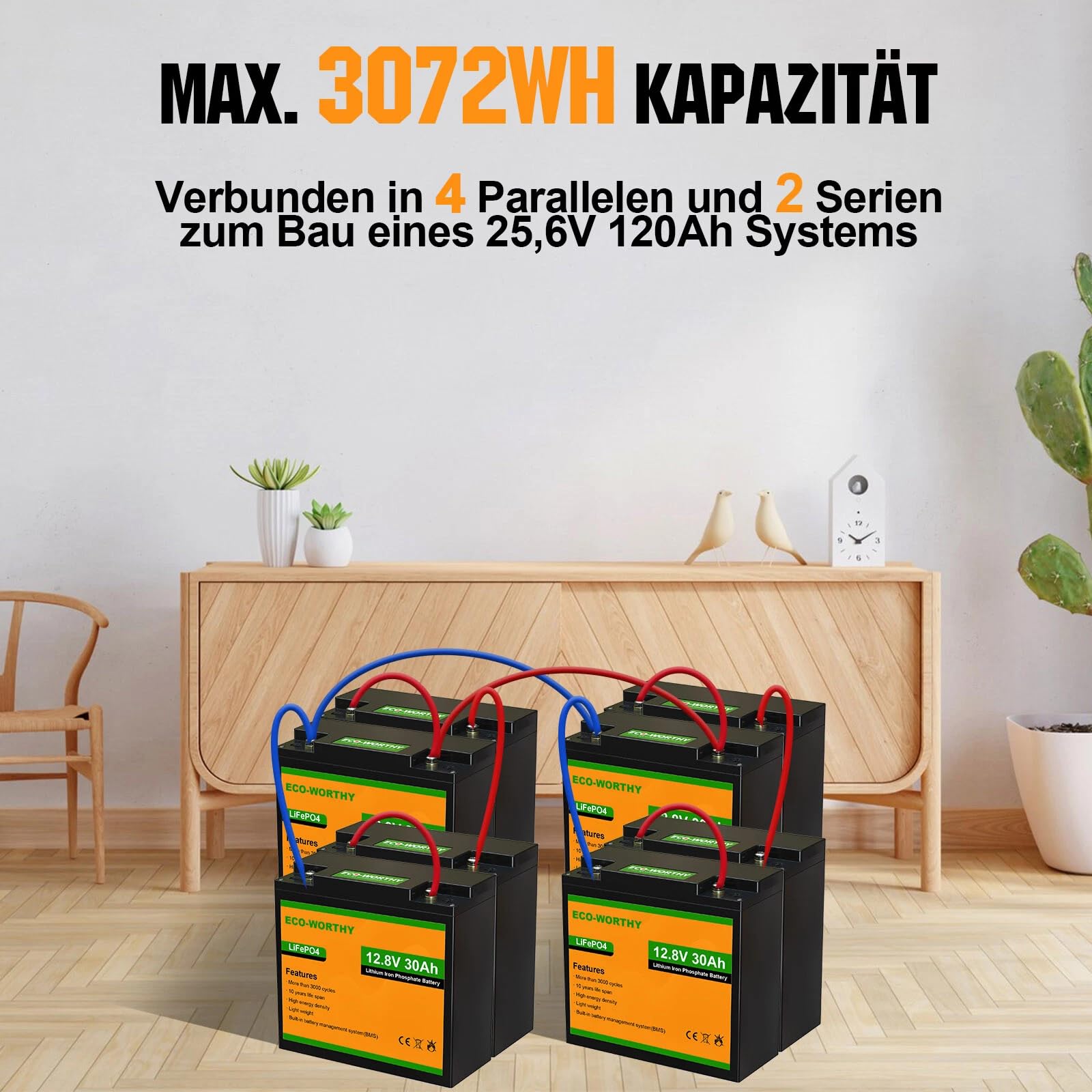ECO-WORTHY LiFePO4 Batterie 12V 30Ah mit BMS Schutz und Max. 15000 Zyklen,384Wh Lithium Camping Batterie 12V 30Ah für Wohnmobile,Trolling-Motor,Boot