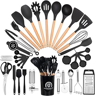 ARCHAEOPTERYX Kitchen Cooking Utensils Set, 46 pcs Non-Stick Silicone Cooking Kitchen Utensils Spatula Set with Holder, Wooden Handle Silicone Kitchen Heat Resistant Gadgets Utensil Set (Black)