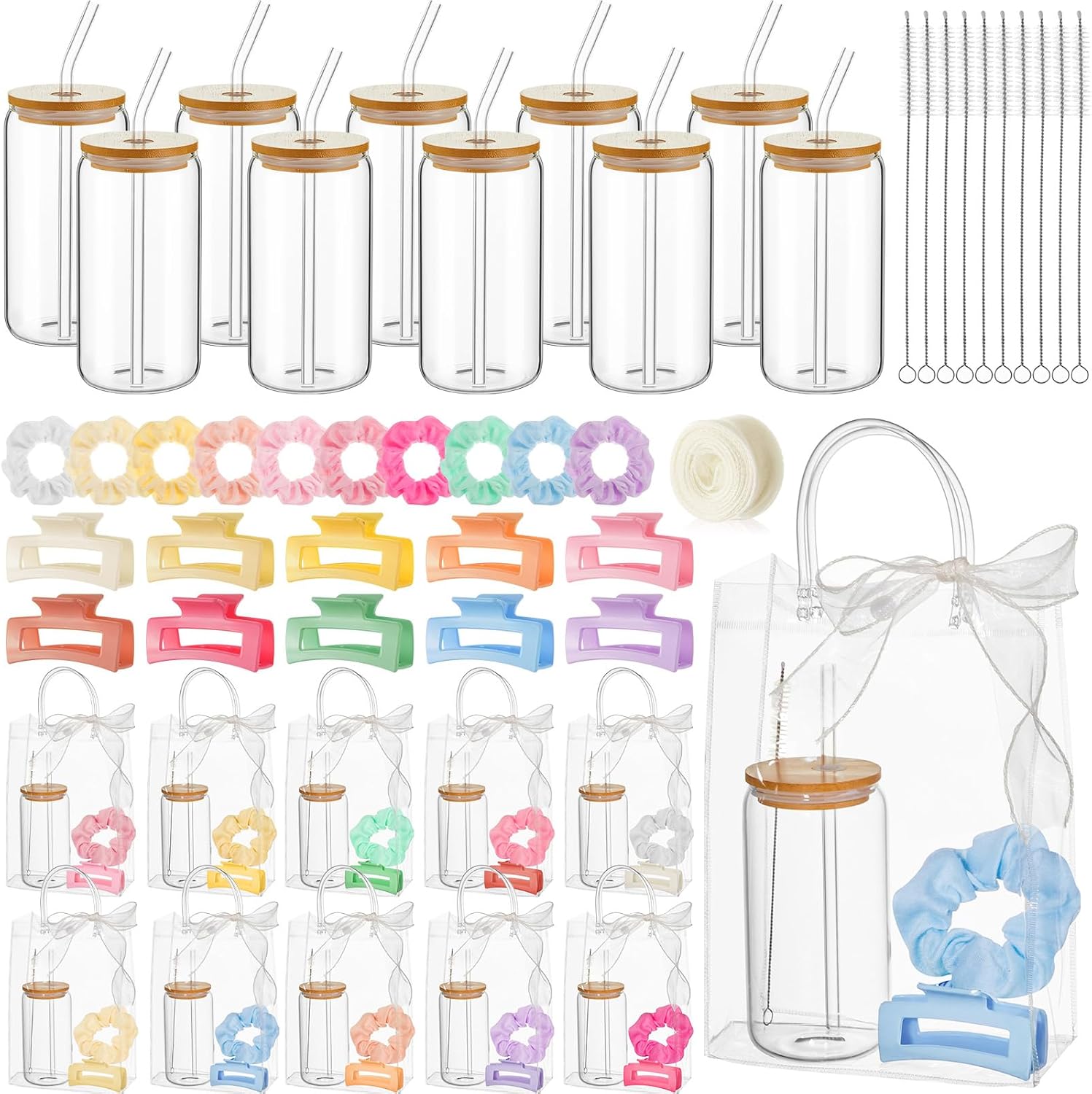 SiliFine 25 Pcs/6 Set Birthday Gifts for Girls, Pink Birthday Gifts for Girls Party Supplies, 6 Glass Cups, 6 Hair Bands, 6 Hair Clip, 6 Tote Bags, 1 Ribbon for Women Spa Sleepover Slumber Party Favor