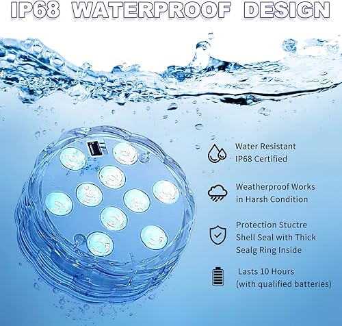 Miniatura 4 de Mudder Paquete de 12 luces LED sumergibles con control remoto de 2.8 pulgadas, luces LED subacuáticas impermeables para piscina, lámpara LED
