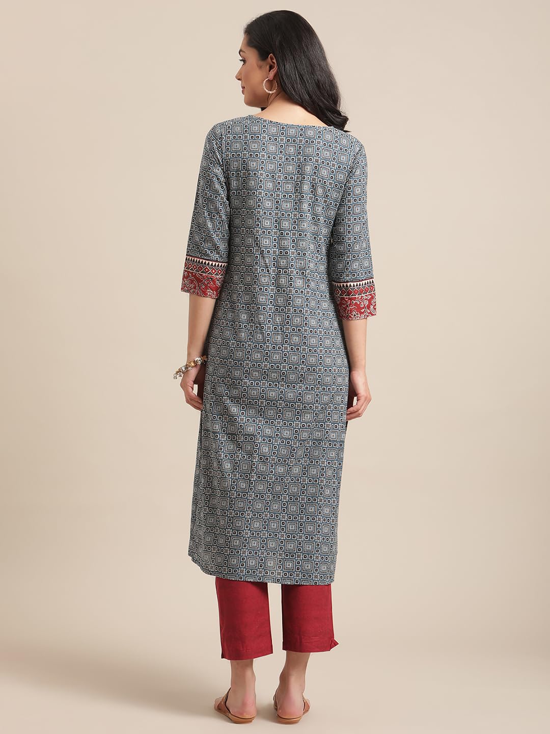 Varanga Women Blue & Maroon Printed Round Neck Straight Kurta With Contrast Yoke & 3/4Th Sleeves (Double Extra Large)