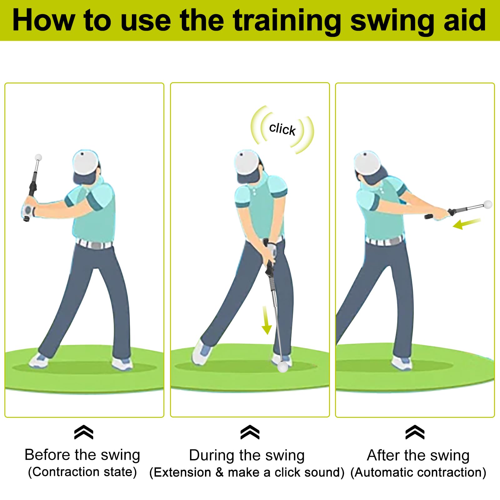 Retractable Golf Swing Aid for Golf Speed Training, Rhythm Click Golf Swing Trainer for Indoor Golf Practice & Outdoor Warm Up, Right-Handed Golf Grip Trainer for Improving Hitting Strength & Tempo