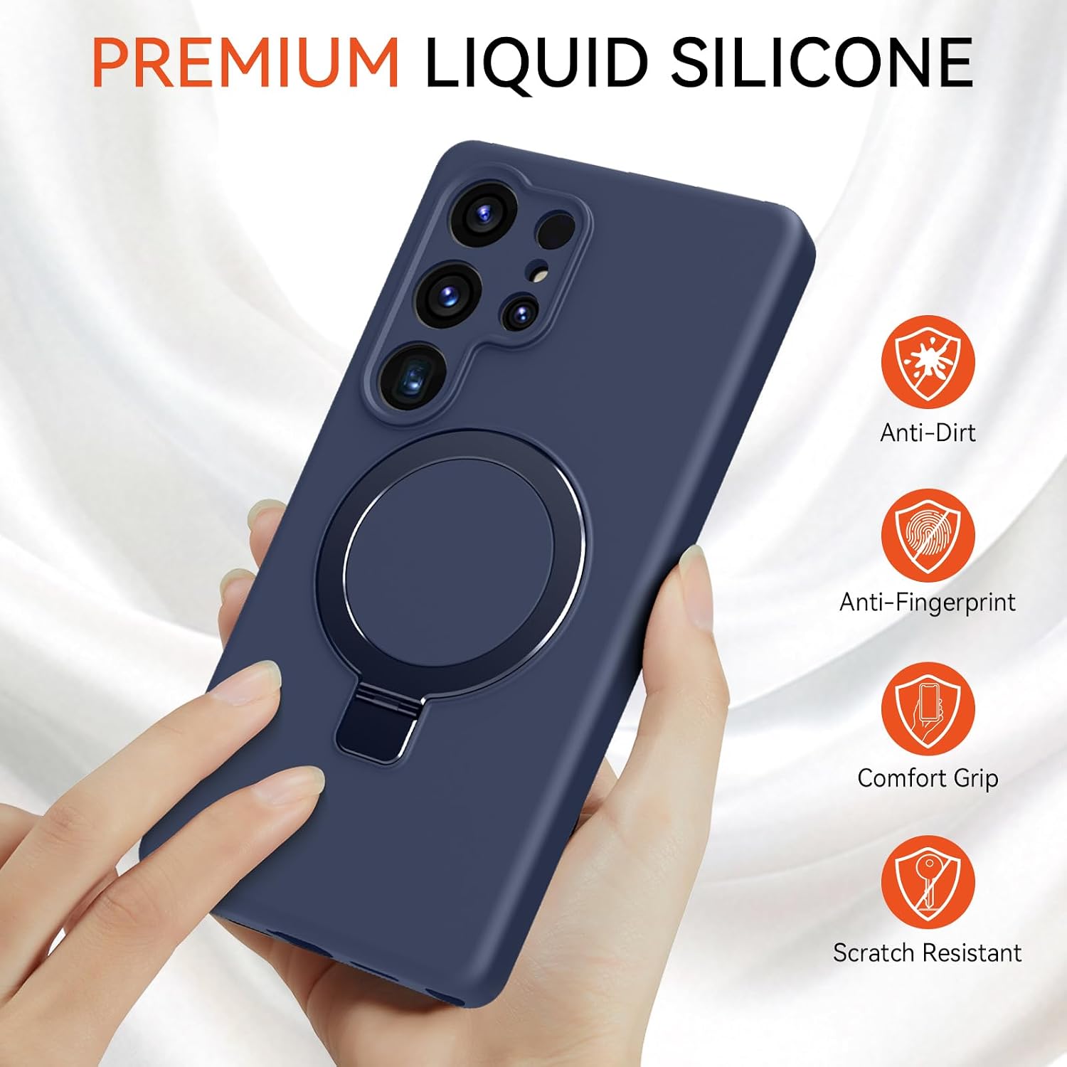 for Galaxy S25 Ultra Case with Stand, Slim Liquid Silicone Phone Cases for Samsung Galaxy S25 Ultra Compatible with MagSafe Magnetic Ring Kickstand Case Full Camera Protection, Dark Blue