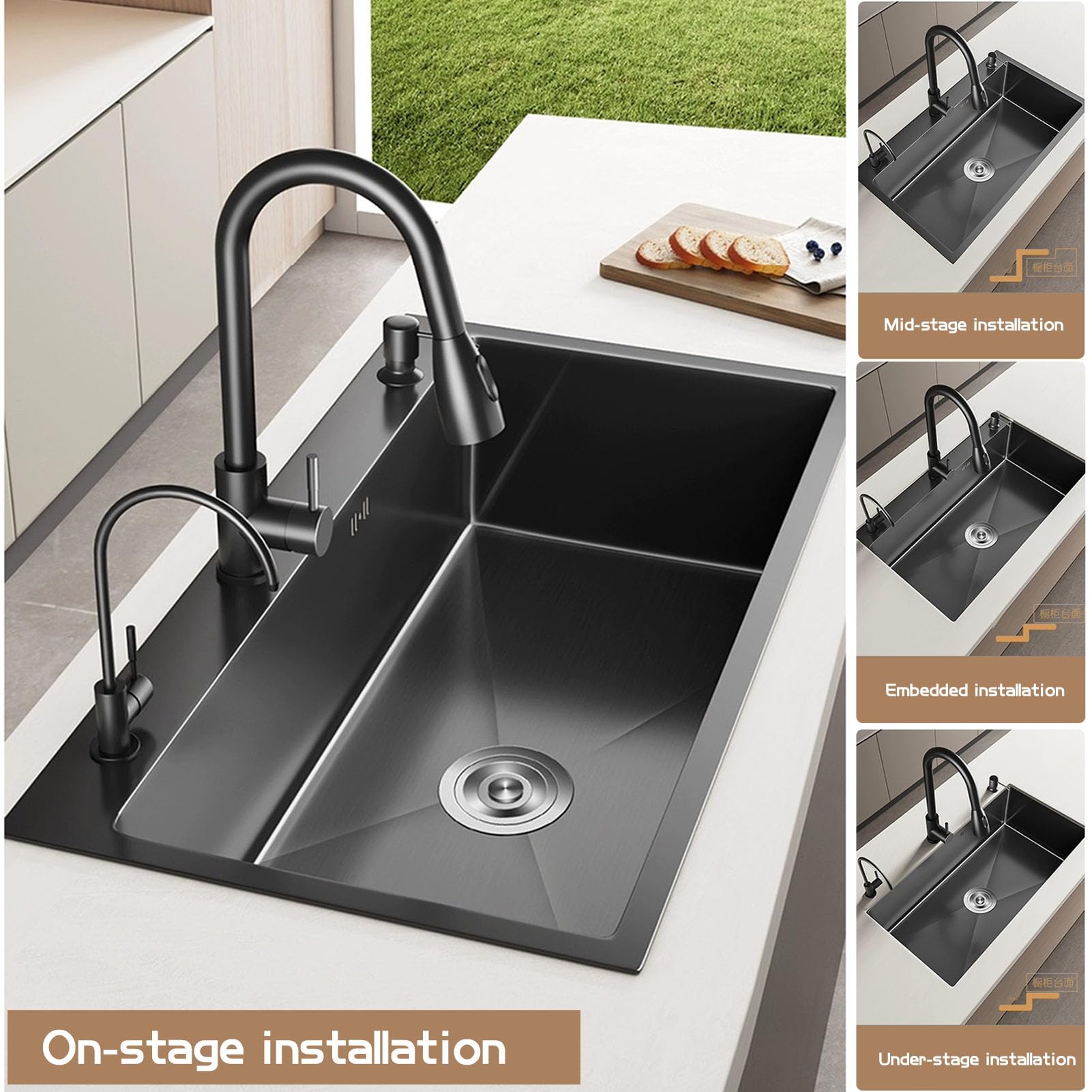 Fregadero de cocina negro, fregadero de cocina de acero inoxidable de un solo cuenco, fregadero de cocina empotrado/empotrable con juego de montaje de drenaje (50x45x20CM)