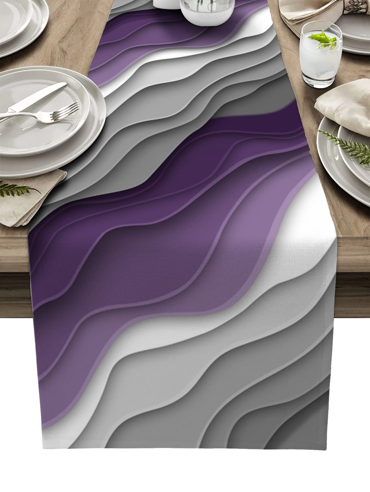 Ombre Purple Table Runner-Cotton Linen-72 Inch Holiday Dresser Scarves, Abstract Geometric Grey Modern White Tablerunner for Kitchen Coffee/Dining
