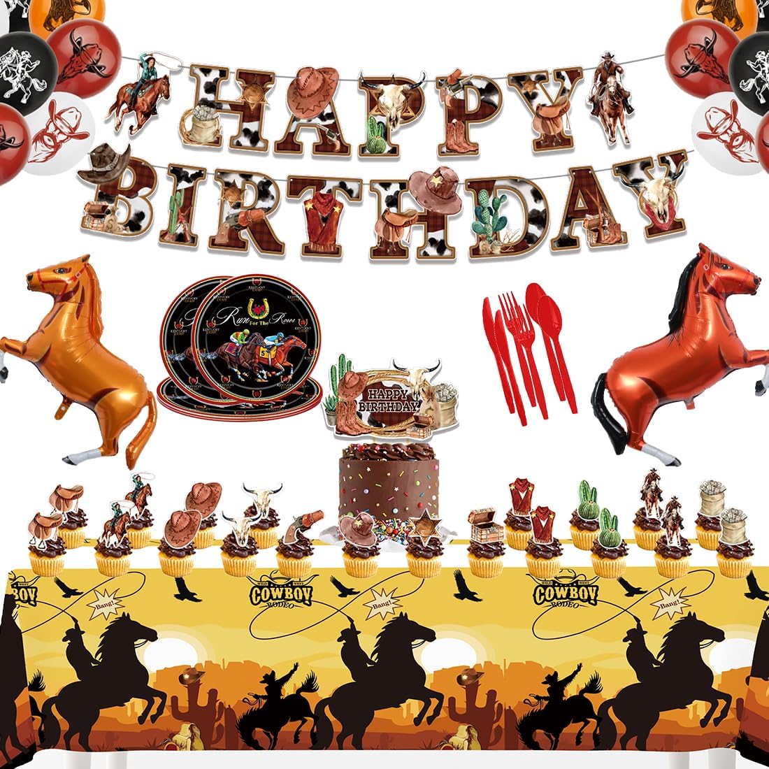 125Pcs Western Cowboy Birthday Party Decorations Set - Includes Banner, Tablecloth, Balloons, Plates, Napkins & Utensils for Wild West Rodeo Theme Party Supplies (Serves 20 Guests)