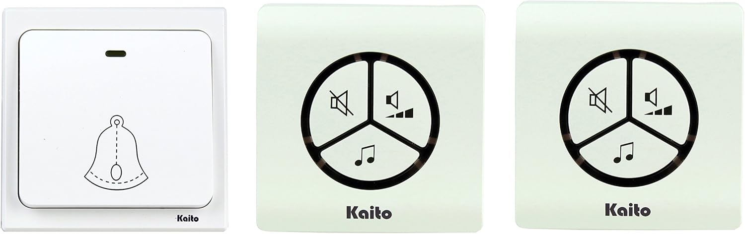 Kaito 2 in 1 Kit Battery Free Wireless Doorbell Kit No Battery Needed for both receiver and transmitter, 1 Battery Free Push Button with 2 Plug in Doorbells, Ranges long.
