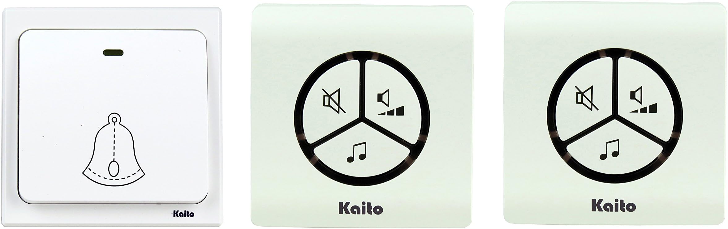 Kaito 2 in 1 Kit Battery Free Wireless Doorbell Kit No Battery Needed for both receiver and transmitter, 1 Battery Free Push Button with 2 Plug in Doorbells, Ranges long.