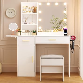 ERLEJIA Vanity Desk with Mirror and Lights with Extral Foldable Desk, 43.3" Makeup Desk with Stool and Power Outlet, 5 Drawers and Open Shelves Makeup Table for Bedroom, White