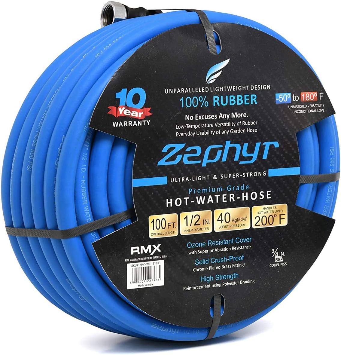 Zephyr Next-Gen Garden Hose (1/2" x 100ft, Ultra-Light Flexible Rubber, Brass Fittings), Blue