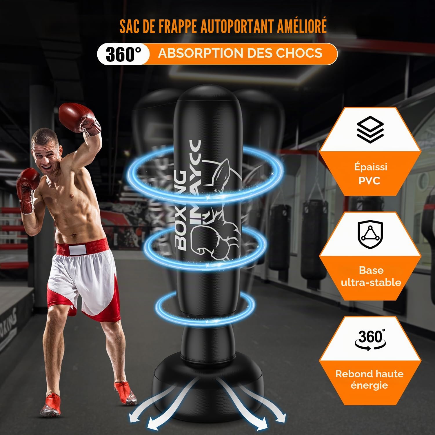 Sac de frappe debout pour adultes et adolescents, amélioré, 180 cm, en PVC, sac de frappe pour débutants (hommes et femmes), sac de punching pour sac de kickboxing pour Muay Thai, MMA, entraînement de