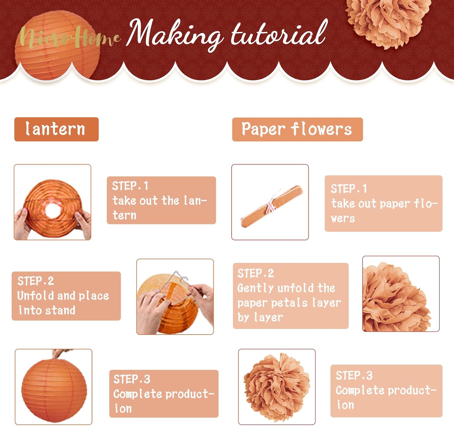 NICROHOME EUR Fall Wedding Decorations, Orange Paper Pom Poms Lanterns Set