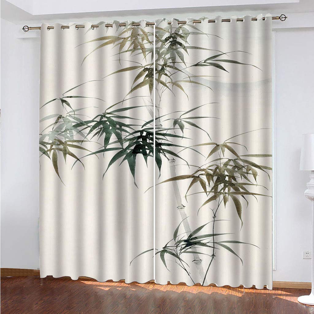 MAYNUO Blackout Curtains For Bedroom 3D Green Bamboo Leaf Print Thermal Insulated Window Curtain For Living Room For Girls Boys Kids, 2 Panels, 78x62Inch Pattern Eyelet Noise Reducing