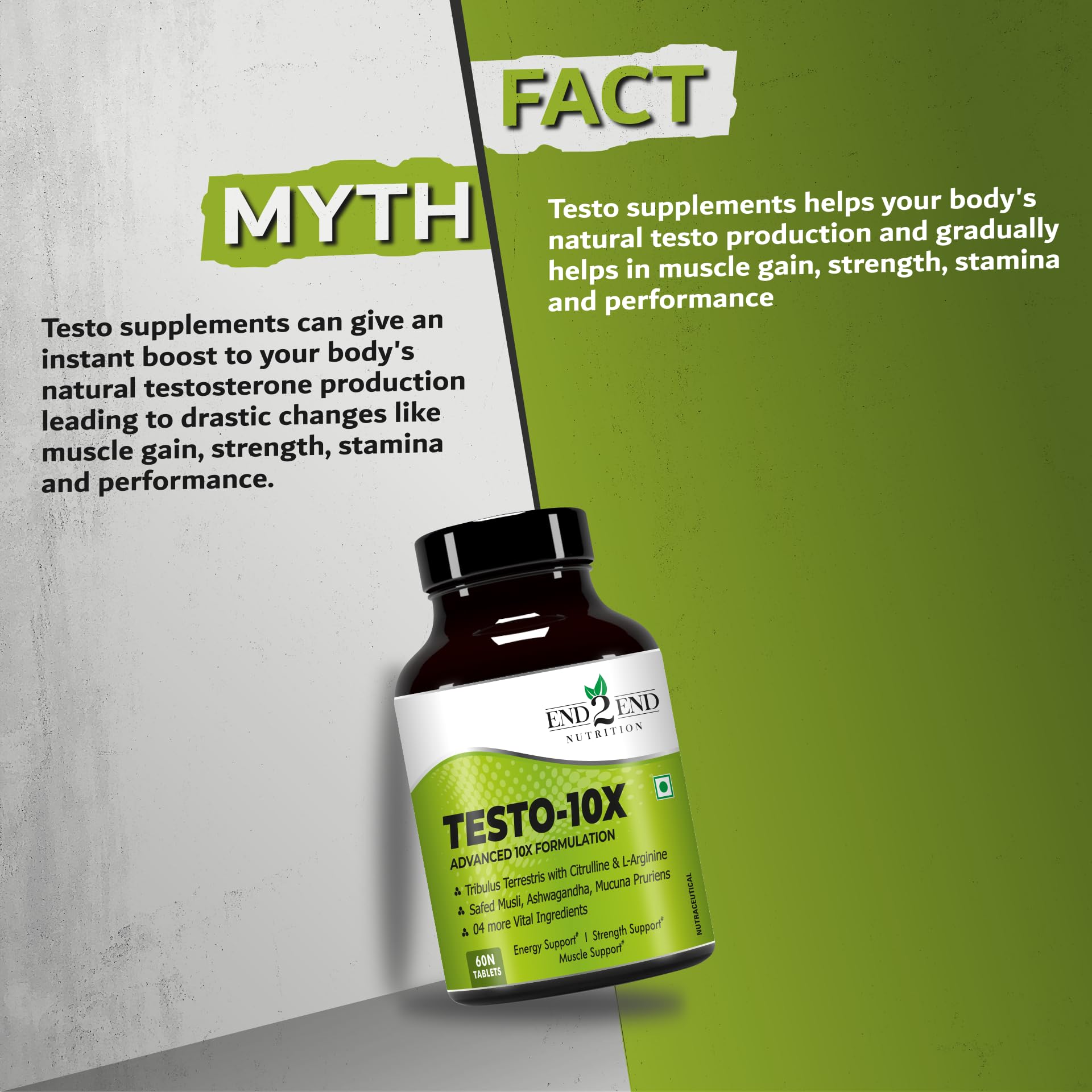 End2End Nutrition Testo-10X Natural Testosterone Booster for Men with Tribulus, L-Arginine, Ashwagandha and Safed Musli for Strength, Stamina, Energy and Muscle Gain – 60 Tablets 4
