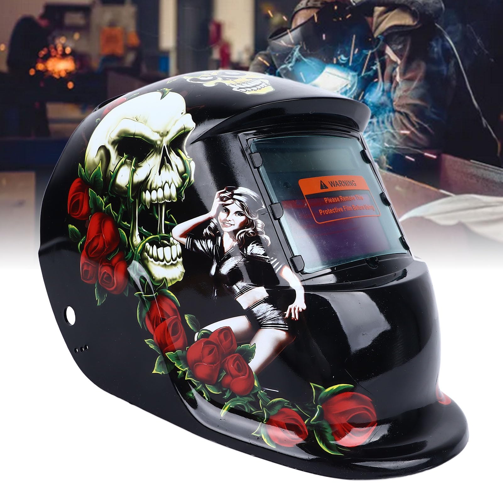 Rose&Skeleton Schweißhelm, Schweißhelm mit Automatischer Verdunkelung, Große Sicht, Solarbetrieben, Große Schattenbereichshaube, für Argon-Lichtbogenschweißgerät, Einstellbare