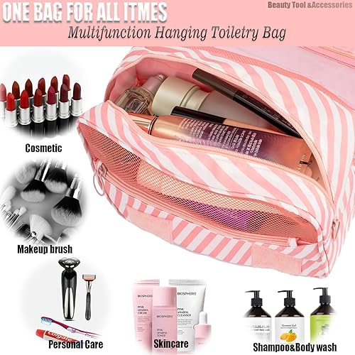 Miniatura 6 de L&FY Neceser de viaje colgante para mujer, organizador de cosméticos, bolsa de maquillaje, kits de Dopp para hombre con asa, Lienzo Rosa, A la moda