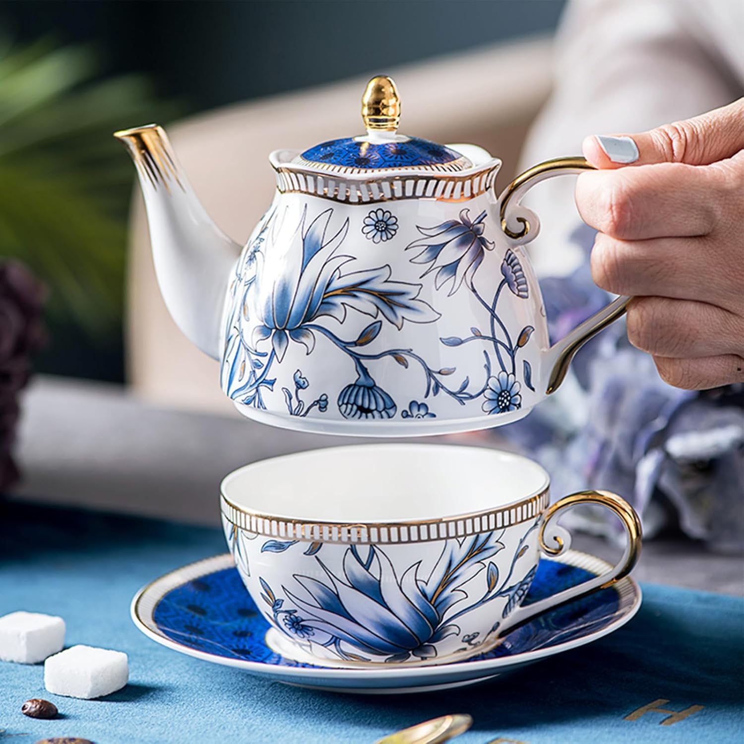 ACMLIFE Tea for One Teapot and Cup Set, Vintage Floral Porcelain Tea Set for One, Bone China Teapot Set, Tea Pot Set Gift for Women (Blue) - Image 4
