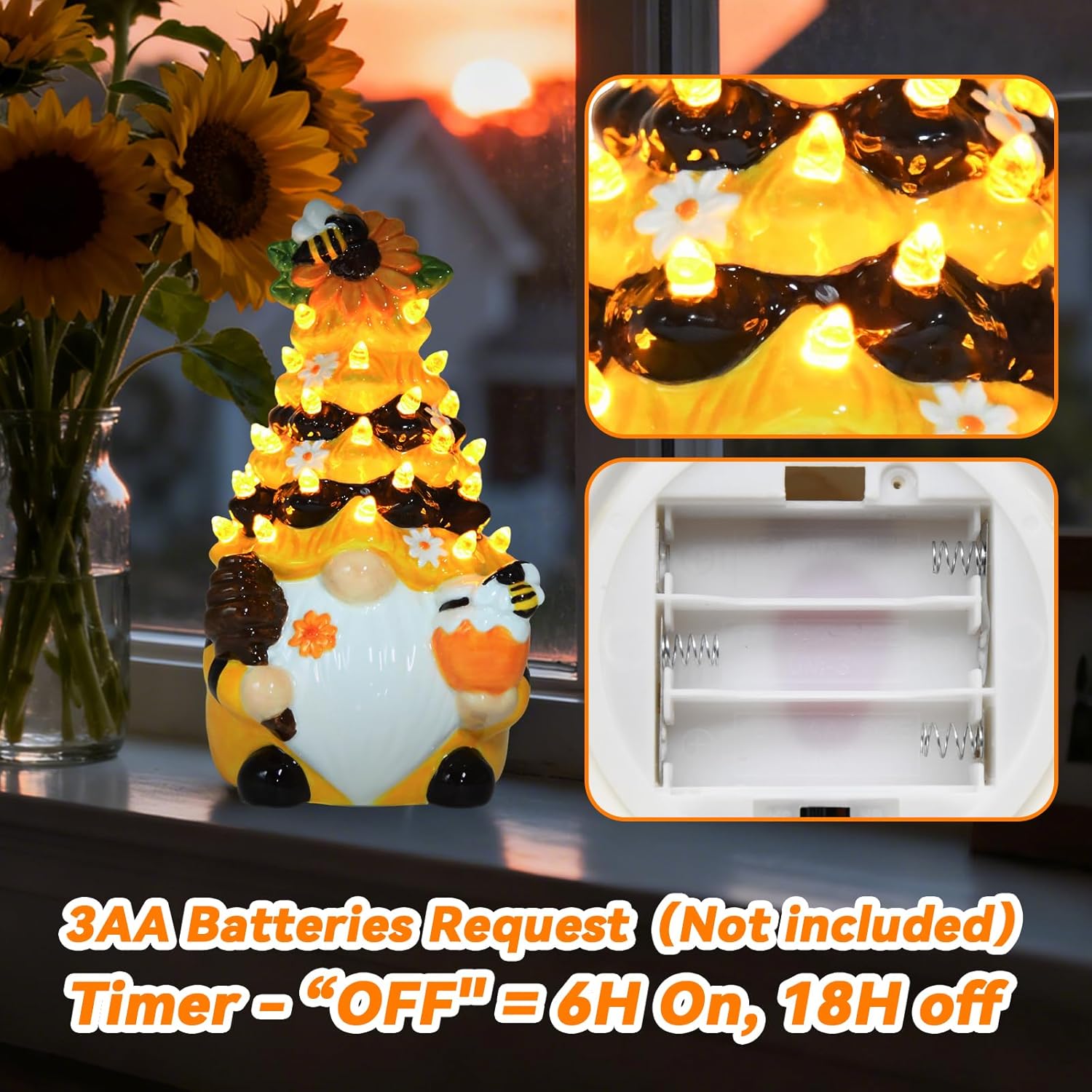Timer - Spring Bumble Bee Gnomes Decorations Lighted Up Gnome Ceramic Tree, Rustic Farmhouse Kitchen Table Bee Decor, Summer Sunflower Home Decor Gifts - Image 7