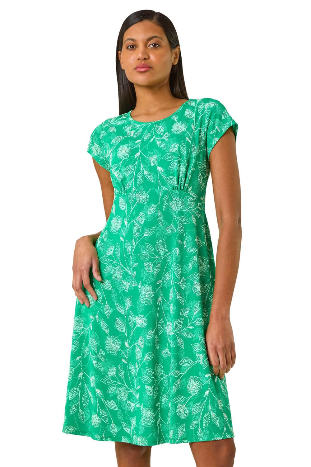Roman Originals Women Gathered Chest Dress Ladies Stretchy Fit & Flare Swing Tea A Line Skater Waist Ruched Knee Length Midi Smart Casual Work Going Out Party - Floral Green - Size 18