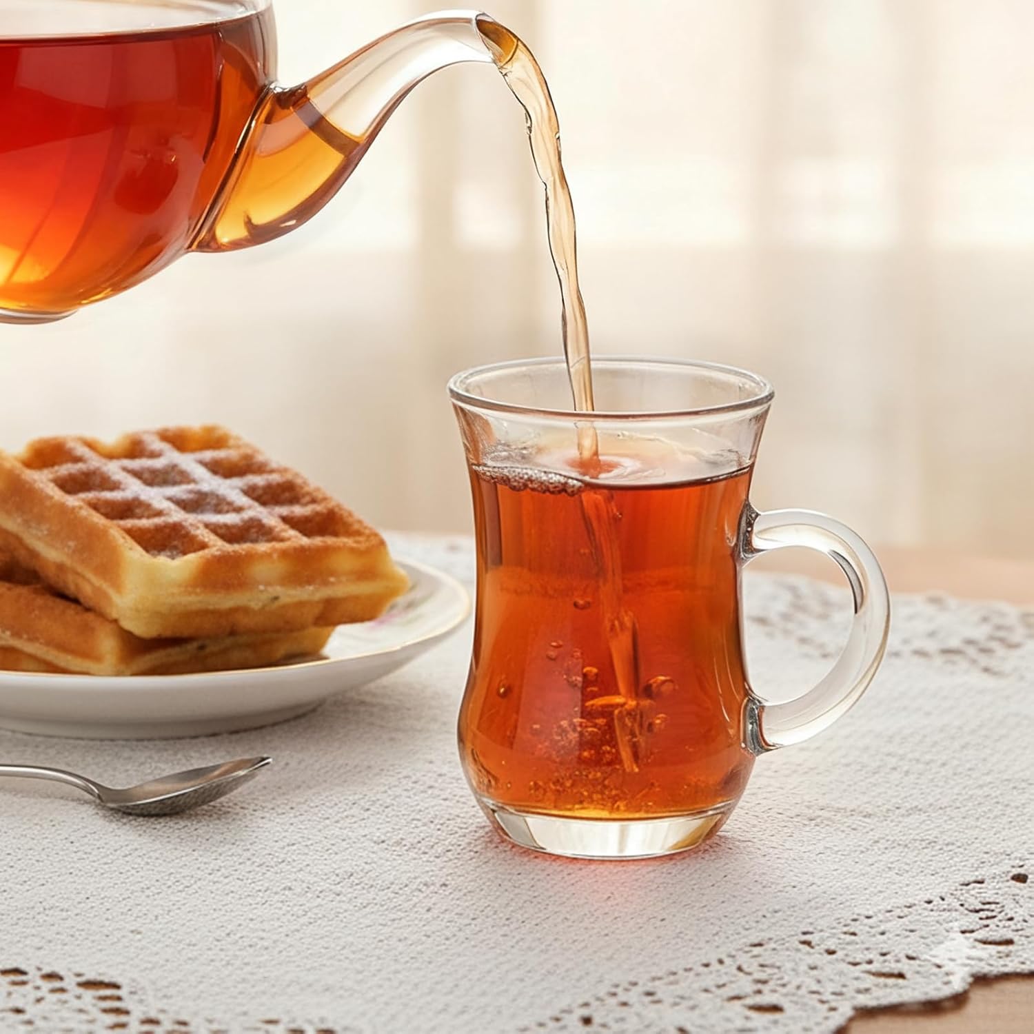 Suwimut Set of 6 Turkish Tea Glasses With Handle, Slim Waist Design and Thick Sole Prevent Tea from Getting Cold, 5 oz Small Clear Teacup Set Glass Coffee Cups for Espresso Coffee, Hot Chocolate